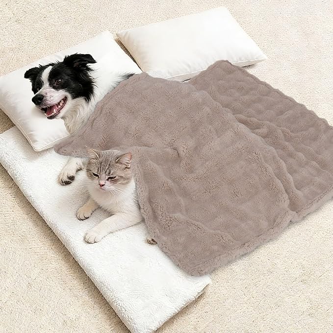 Dog Blankets Washable Pet Blanket - Fluffy Fuzzy Cat Puppy Blanket with Premium 300GSM 3D Fleece Bubble for Pet Kitten Doggy, Linen, 25x35IN