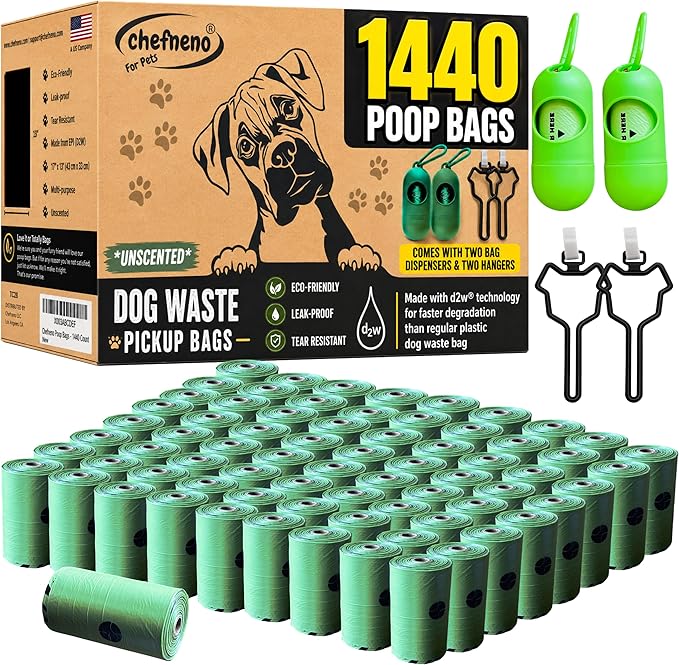 Doggy Poop Bags Biodegradable with Dispenser (1440 Bags) Eco-friendly Dog Waste Pickup Bags Landfill-friendly Refill Rolls Cat Waste Bags (Green, 72 Rolls, Unscented)