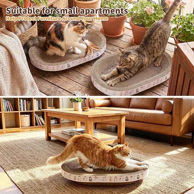 PatiencET Oval Cat Scratcher Lounge for Indoor Cats, Corrugated Cardboard Cat Scratch Pad Bed with Catnip, Cat Scratching Board for Scratching, Stretching, Playing and Lounging, 17 x 12 Inch