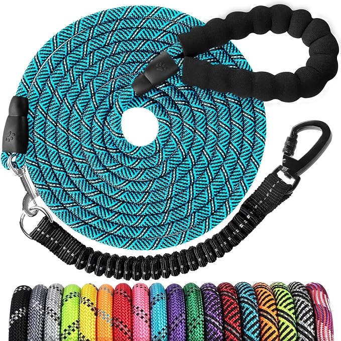 Long Dog Leash 20 FT: Heavy Duty Rope Leashes for Dogs Training with Swivel Lockable Hook Reflective Threads Bungee and Padded Handle - Dog Lead for Large Small Medium Dogs Outside Walking Hiking Blue