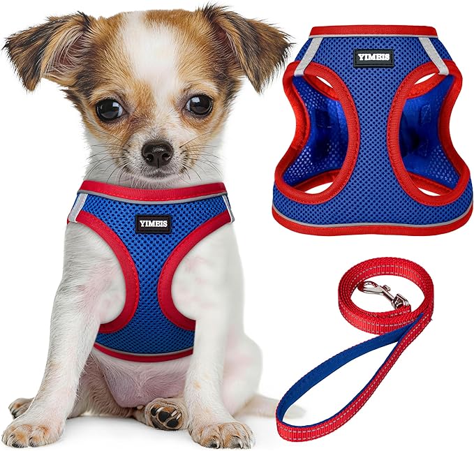 YIMEIS Dog Harness and Leash Set, No Pull Soft Mesh Pet Harness, Reflective Adjustable Puppy Vest for Small Medium Large Dogs, Cats (Red & Blue, Medium (Pack of 1)