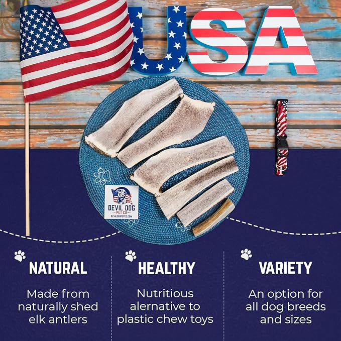 Devil Dog Pet Co. Split Elk Antlers for Dogs, Natural Dog Chew with Exposed Marrow - Long Lasting and Odor Free - USA Sourced - Cleaner Teeth, Anxiety & Boredom Relief - Jumbo 8"+ - Antler Bone