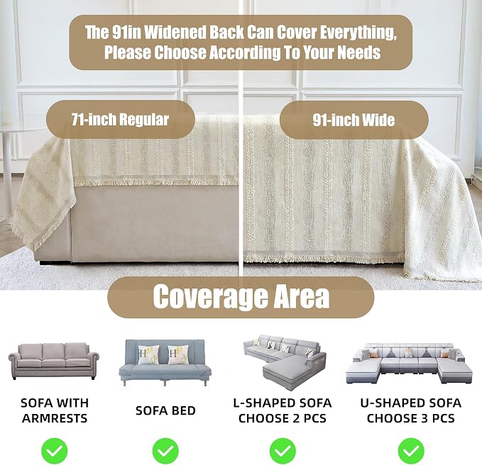 Couch Cover for Dogs Washable Sofa Cover, Sectional Couch Covers, Sofa Covers for 2 Cushion Couch, Non Slip Stripe Sofa Slipcovers Furniture Protector (Beige, 71x118)