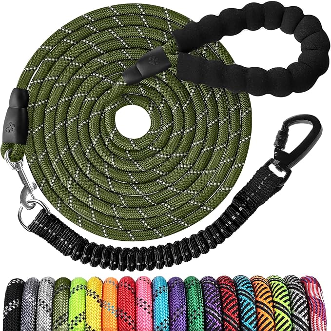 Long Dog Leash 15 FT: Heavy Duty Nylon Rope Leashes for Dogs Training with Reflective Threads Bungee and Padded Handle - Dog Lead for Large Small Medium Dogs Outside Walking Hiking