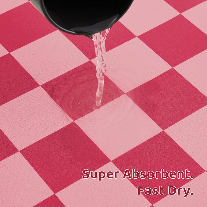 Checkered Dog Feeding Mat, Absorbent Mats for Dog Food and Water Bowl, Dispenser, Aesthetic Hot Pink Checkerboard Pet Placemat for Dogs, Cats, Puppy Accessories (Coral, 16 x 24)