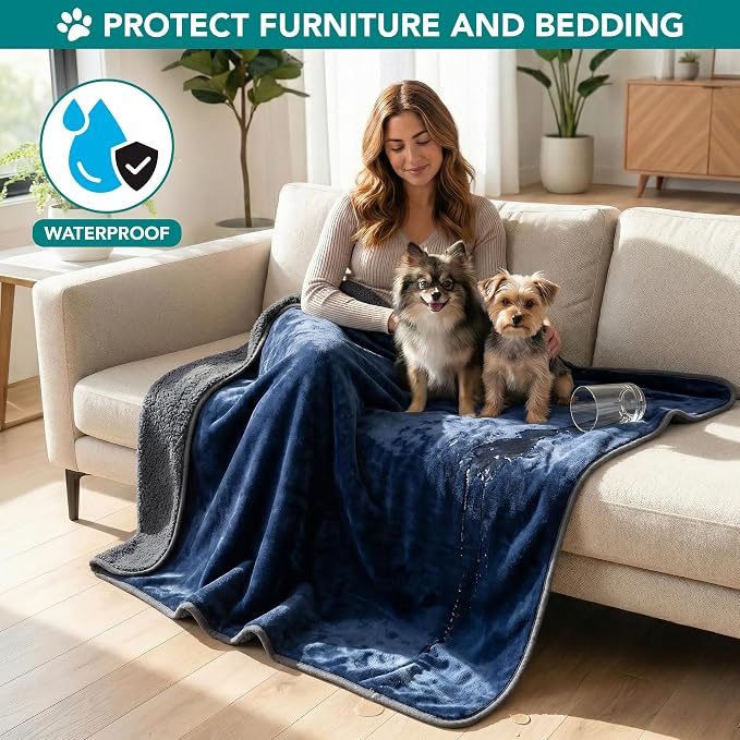 PETAMI Sherpa Fleece Waterproof CAT and Dog Blanket, Navy/Gray, Medium