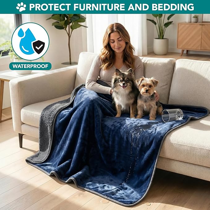 PetAmi Premium Waterproof Dog Blanket for Large Dogs, Reversible Sherpa & Flannel Fleece, Leakproof Pet Throw for Couch Protection, Soft Plush Furniture Protector for Cats, Washable, 60x80 Navy/Grey