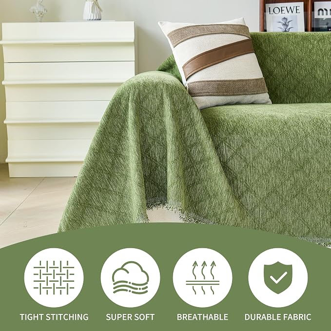 VANJOROY Green Oversized Couch Sofa Cover for 3-4 Cushion Sectional Sofa L-Shape -Washable Chenille Couch Cover for Dogs Pets, Boho Couch Cover Protector Soft Sofa Slipcovers with Tassel,91"x 150"
