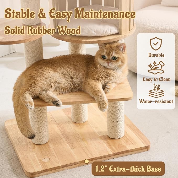 70" Modern Wood Cat Tree for Indoor Cats, Multi-Level Cat Tower with 2 Hidden Cat Caves, Hammock, Elevated Top Beds & Sisal Scratching Posts, Furniture-Style Cat Condo for Multi-Cat Homes