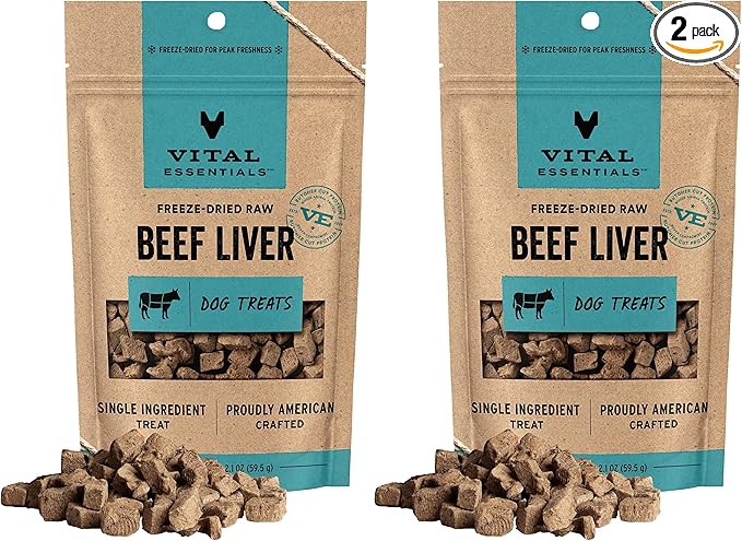 Vital Essentials Freeze Dried Dog Treats | Beef Liver, Single Ingredient | Premium Quality | Grain Free Training Treats for Dogs, 2.1 oz Bag (Pack of 2)