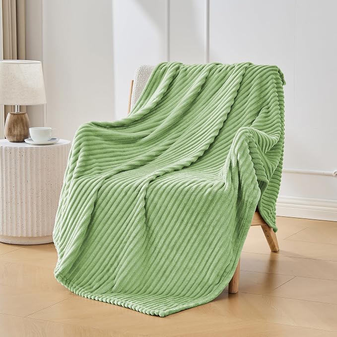 Bnuitland Fleece Throw Blanket, 300GSM Soft Warm Cozy Fluffy Throw for Babys & Pets, Stripe Pattern, All Season Sofa Bed Blanket for Home Decor, Light Green 60"x80"