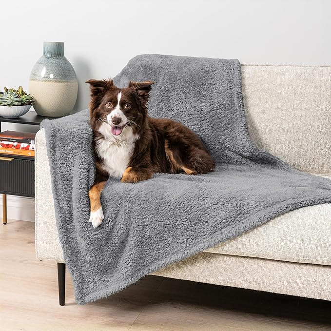 PetAmi Fluffy Waterproof Dog Blanket for Couch and Bed, Reversible Sherpa Pet Throw, Pee Proof Furniture Protector Sofa Cover, Washable Cat Blanket for Small Medium Dogs and Cats (Light Grey, 24x32)