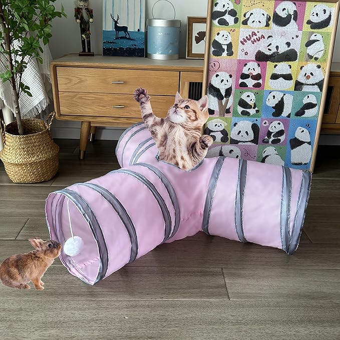 3-Way Collapsible Cat Tunnel Tube Toy Pink — Interactive Play Tunnel with Hanging Ball & Peek Hole for Indoor Cats, Kittens, Puppies & Rabbits | Hours of Fun & Exercise