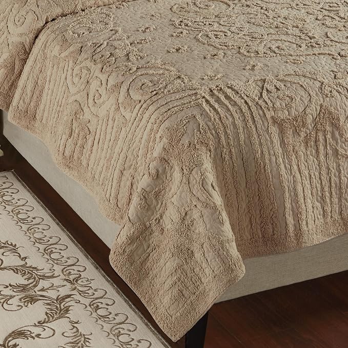 Lorenza Pure Cotton Chenille Bedding | Neutral Tone Sand | Soft Tufted Scrollwork, Floral and Stripe Designs | Solid Color 3-Piece Quilted Bed Set includes Oversized King Quilt and 2 King Pillow Shams