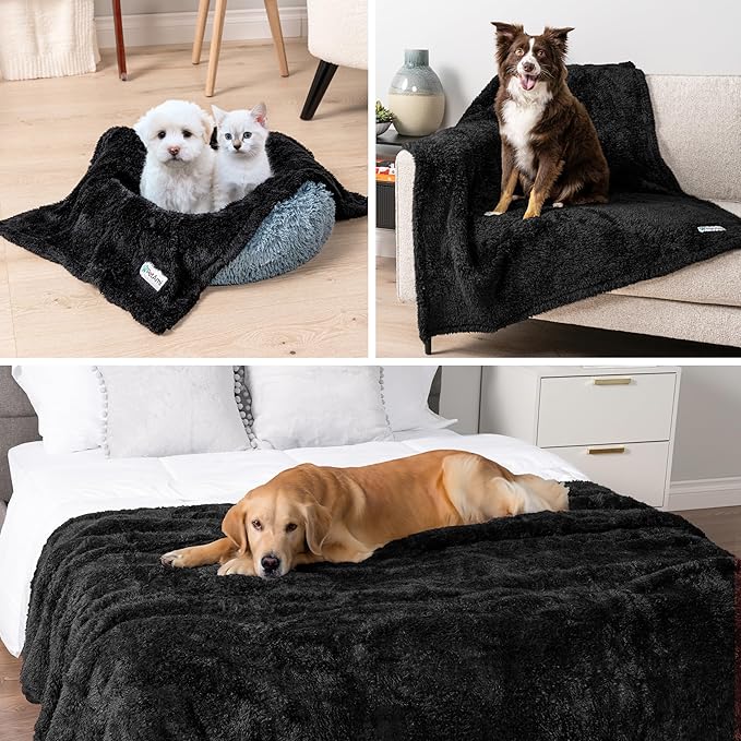 PetAmi Fluffy Waterproof Dog Blanket for Couch and Bed, Reversible Sherpa Pet Throw, Pee Proof Furniture Protector Sofa Cover, Washable Cat Blanket for Small Medium Dogs and Cats (Black, 24x32)