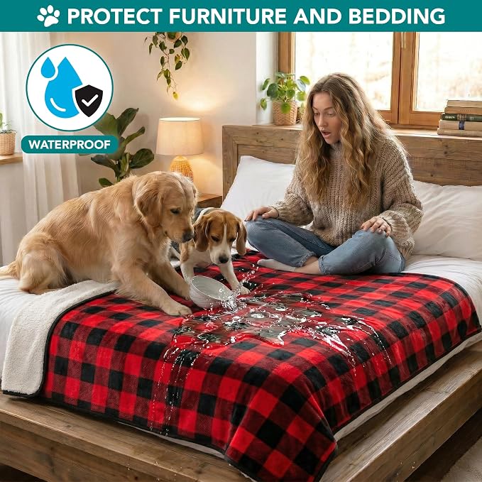 PetAmi Waterproof Dog Blanket Sherpa Fleece, Pet for Medium Large Dogs, Reversible Cat Throw Bed Couch Sofa Furniture Protector, Soft Plush Microfiber (Large 40x60, Checker Red) Checkered Red