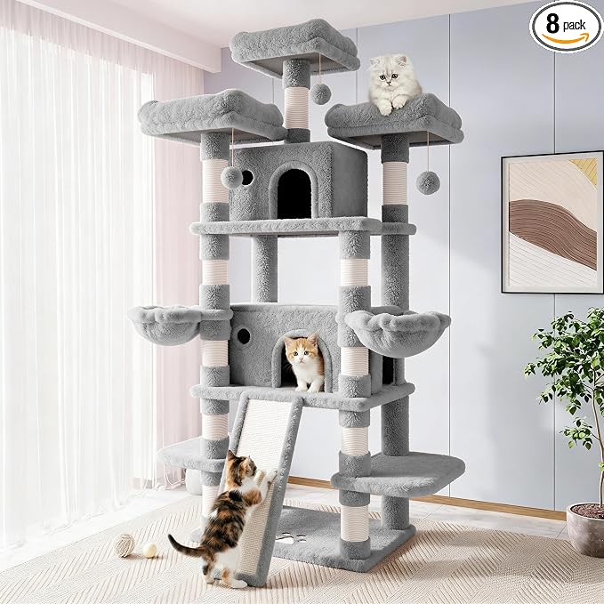 Allewie 82 Inches Large Cat Tree/House/XXL Tall Cat Towers for Big Feline/Scratching Post/Multi-Level Large Kitty Climbing Tree with Condo/Light Grey