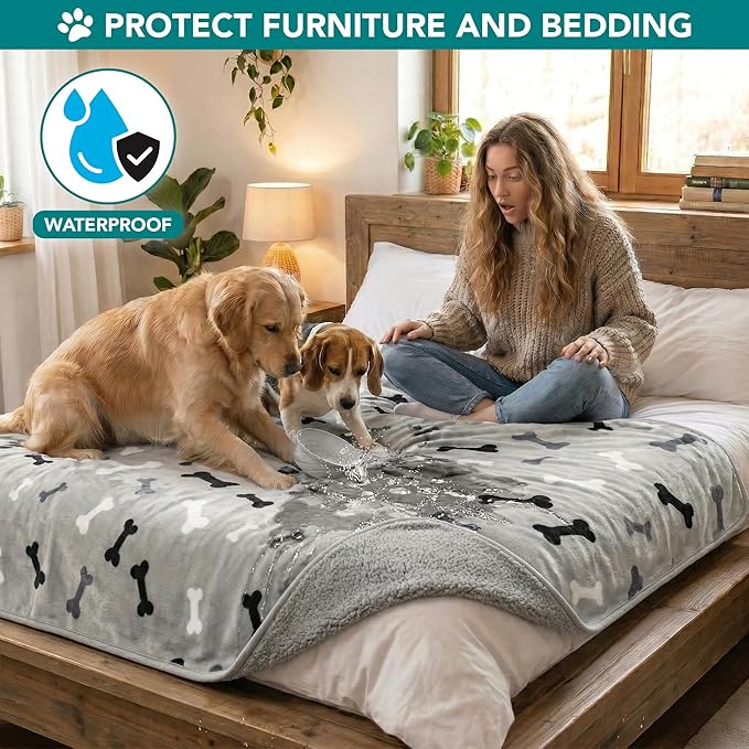 PetAmi Premium Waterproof Dog Blanket for Large Dogs, Reversible Sherpa & Flannel Fleece, Leakproof Pet Throw for Couch Protection, Soft Plush Furniture Protector for Cats, Washable, 60x80 Bone Grey