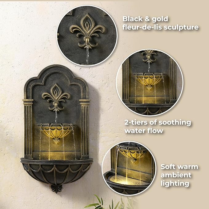 Teamson Home Fleur-de-lis Outdoor Water Fountain–Warm Glow Lighting with Adjustable Flow & Electric Pump, Black & Gold