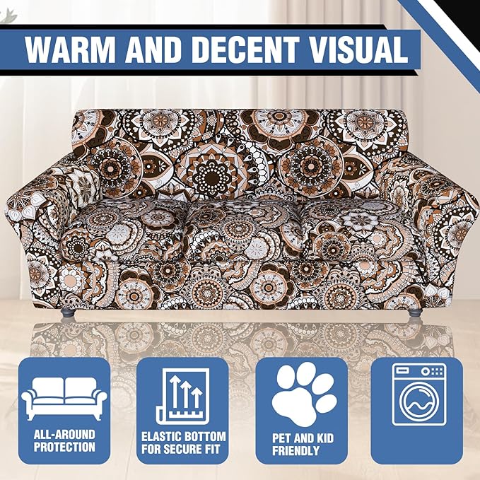 Stretch Couch Covers for 3 Cushion Couch,4-Piece Floral Sofa Covers Couch Slipcovers with Elastic Bottom,Furniture Protector for Living Room with Kids and Pets(Sofa Covers)