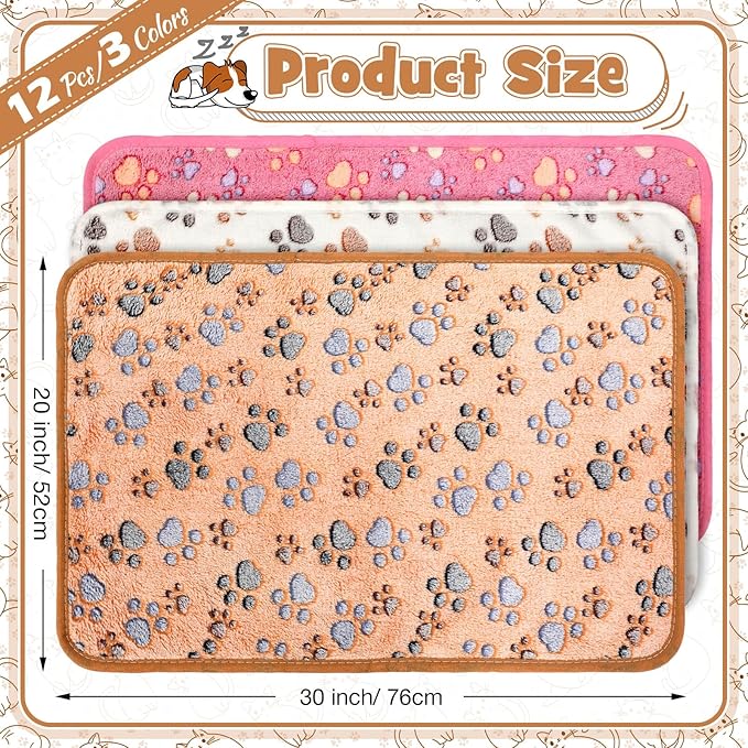 Tegeme 12 Pcs Pet Blankets 30 x 20 Inch Soft Fluffy Fleece Dog Cat Warm Paw Print Pattern Blankets Flannel Throw for Pets Dog Puppy Cat(Pink,Beige,Camel)