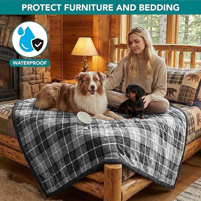 PetAmi Waterproof Dog Blanket for Couch, Extra Large 80x60, Pee Proof Sherpa Fleece Reversible Pet Throw, Furniture Protector for Bed Sofa Crate Kennel, Soft Washable Cover for Dogs Cats, Plaid Grey