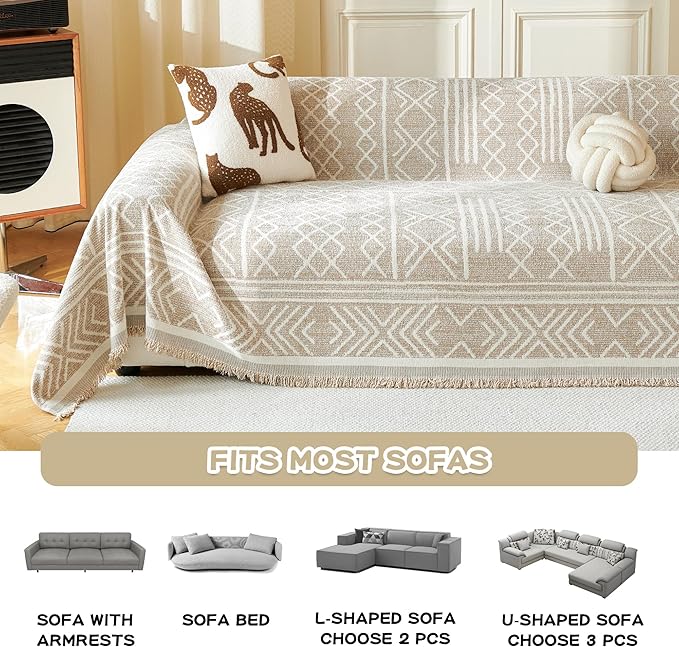 MEETSKY Boho Couch Cover Sofa Covers, Chenille Geometric Khaki Couch Covers for 2 Cushion Couch Sofa for Dogs, Washable Slipcover for Cat Sofa Protector with Tassels,71" x 118"