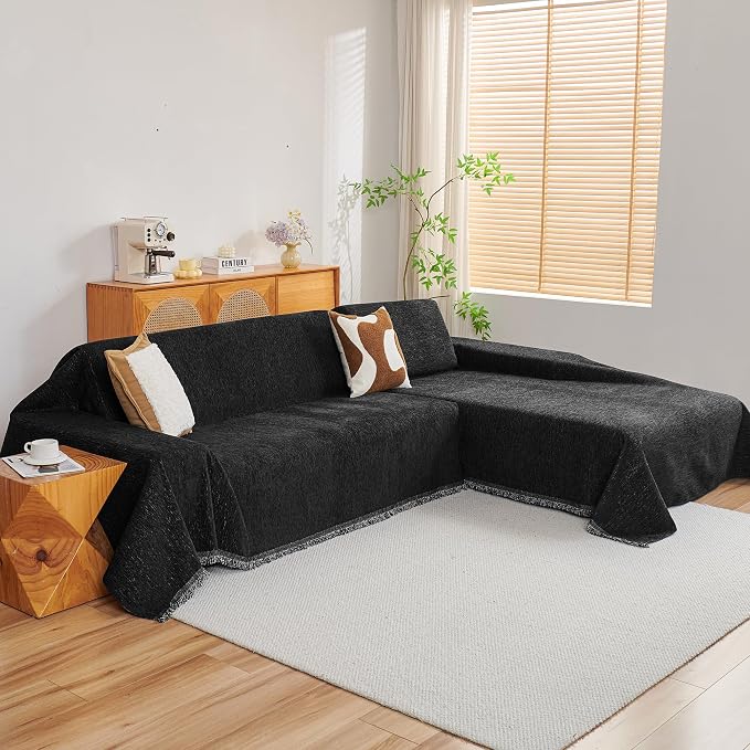 MYSKY HOME Couch Cover for Sectional Sofa, 2 Pieces Chenille Couch Covers for L Shape Sofa Cover, Furniture Protector for Pets, Kids, Sofa Slipcover for 2-3 Cushion Couch (71"x102"+71"x118", Black)
