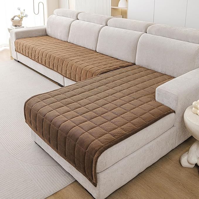 Velvet Couch Covers for Sectional Sofa Washable, Non-Slip L Shaped Sectional Couch Cover, Soft Pet Couch Covers for Sofa, Furniture Slipcovers for 2-3 Cushion Couch(1PC,35"x71",Dark Brown)