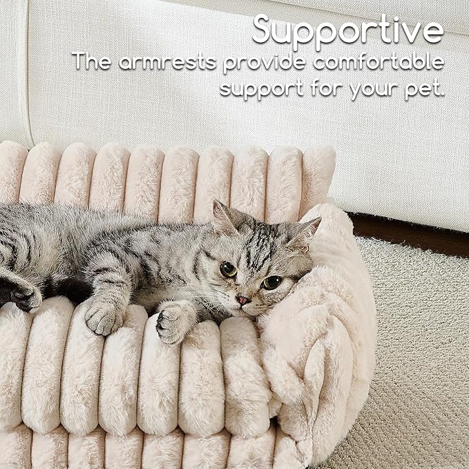 Hollypet Cat Bed Fluffy Plush Multifunctional Double-Layer Machine Washable Soft Warming Kitty Pet Couch Orthopedic Nest Beds for Small Cats Kitten and Dogs up to 13lbs, Cream(21x15x8 inch)