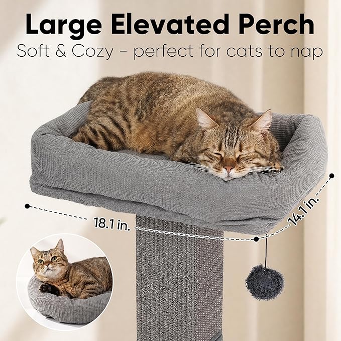 FUKUMARU Cat Scratching Post, Modern Style Tall Scratch Posts with Perch for Indoor Cats Adults, Large Cat Scratcher Tower with Bed, Small Tree with Raised Stand, Natural Sisal & Solid Wood