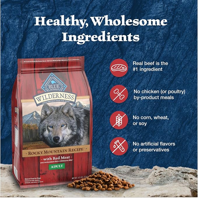 Blue Buffalo Wilderness Rocky Mountain Recipe with Red Meat High Protein with Grains Dry Dog Food for Adult Dogs, 30% Protein, Supports Immunity With Antioxidant-Rich LifeSource Bits, 13 lbs.