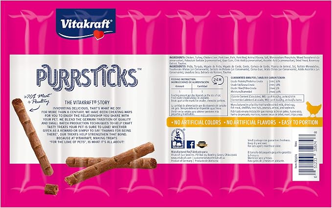Vitakraft PurrSticks Cat Sticks, Chicken, 18 Sticks | Breakable Meatstick | Tender Texture | Pack of 3
