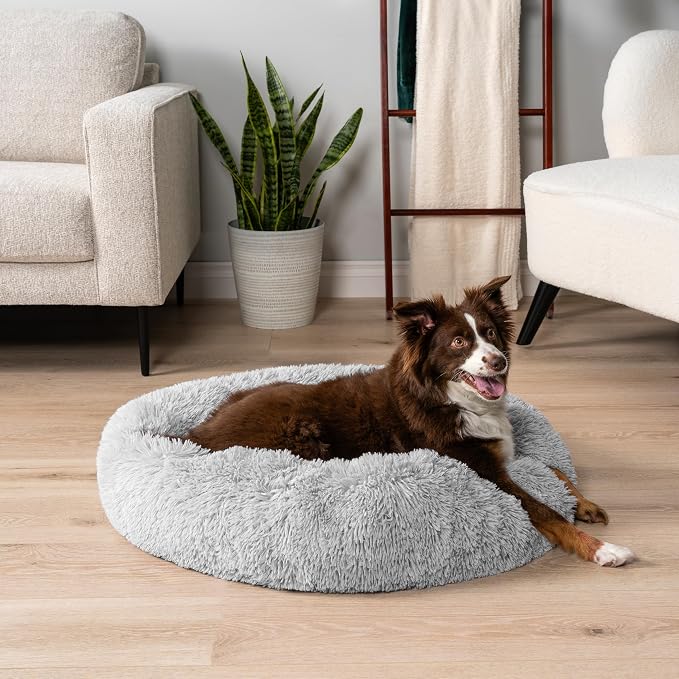 PetAmi Calming Dog Bed for Small & Medium Dogs, Cats & Puppy, Warming Round Donut Cuddler Bed, Anti-Anxiety Fluffy Shaggy Faux Fur Pet Bed, Machine Washable, Non-Slip Bottom, 30 Inch - Light Gray