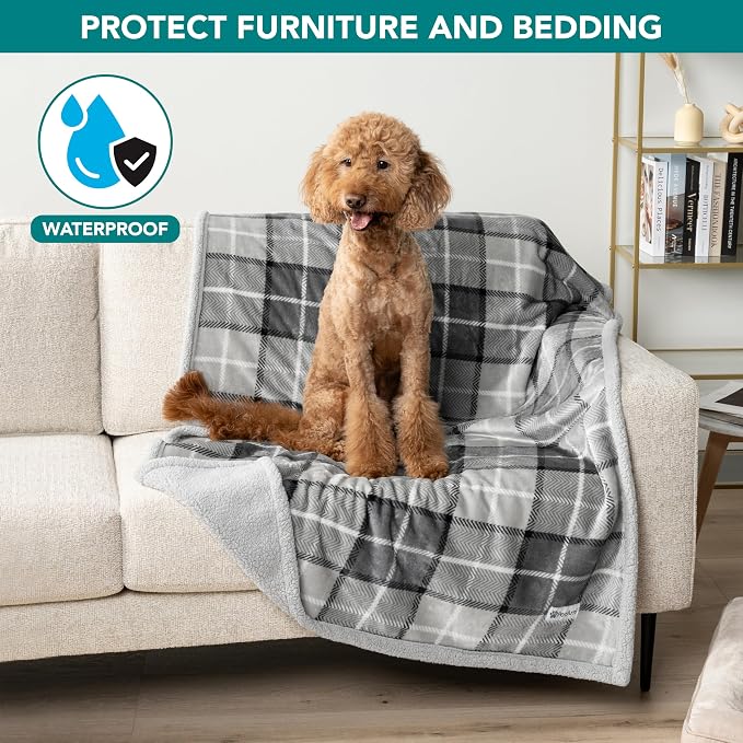 PetAmi Waterproof Dog Blanket for Couch, Large 60x40, Pee Proof Sherpa Fleece Reversible Pet Throw, Furniture Protector for Bed Sofa Kennel, Soft Washable Cover for Medium Dogs Cats, Plaid Light Grey