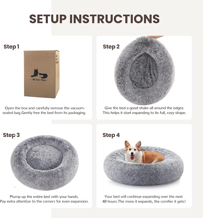 Donut Dog Bed Medium Size Dog 36 Inch, Round Cat Beds for Small Medium Dogs and Cats with Washable Fluffy Faux Fur, Cute Comfort Pet Bed with Anti-Slip Bottom, Grey