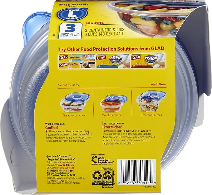 Glad GladWare Big Bowl Food Storage Containers with Lids, Large Round No BPA Plastic Containers for Soups, Salads, and Meal Prep, Lock Tight Seal, Microwave Dishwasher Safe, 48 Oz, 3 Count - 6 Pack