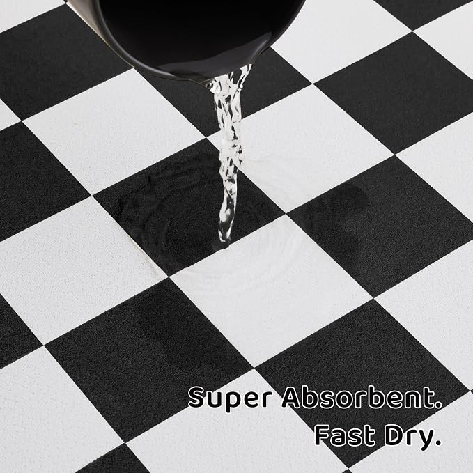 Checkered Dog Feeding Mat, Absorbent Mats for Dog Food and Water Bowl, Dispenser, Modern Aesthetic Black White Checkerboard Pet Placemat for Dogs, Cats, Puppy Accessories, 12" X19”