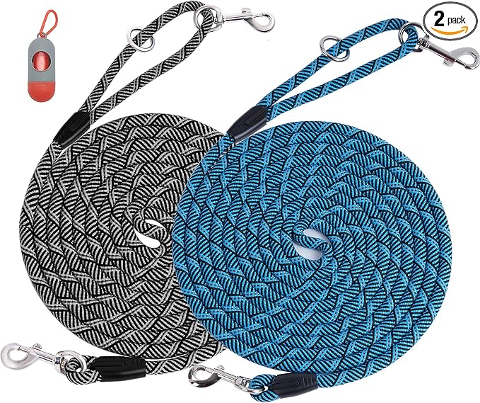 (2 Pack) Long Dog Leash for Dog Training 15FT/30FT/50FT, Dog Rope Check Cord with Reflective Thread for Large Medium Small Dogs, Dog Tie-Out Cable Lead for Hunting, Camping or Backyard