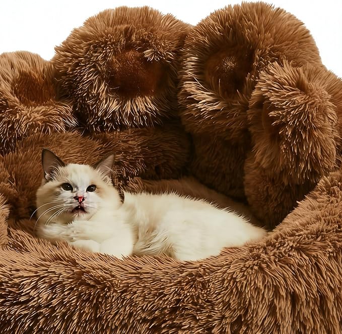 Cat Paw Shaped Cat Bed, Long Plush Calming Cat Bed for Indoor Cats, Washable Pet Bed with Anti-Slip Bottom, Soft Cozy Bed for Small Medium Large Cats & Dogs (Brown, X-Large)