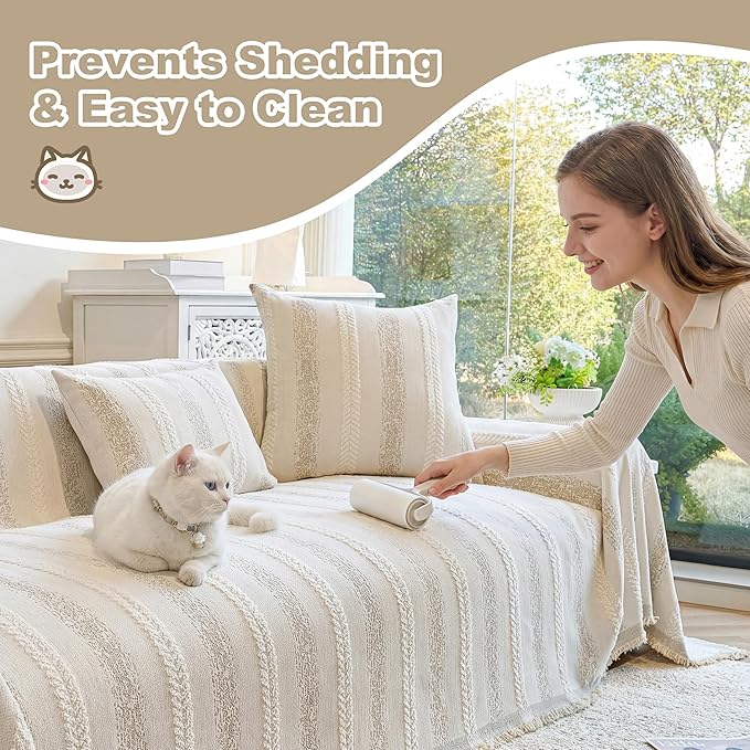 Couch Cover for Dogs Washable Sofa Cover, Sectional Couch Covers, Sofa Covers for 2 Cushion Couch, Non Slip Stripe Sofa Slipcovers Furniture Protector (Beige, 71x118)