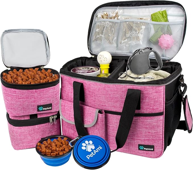 PetAmi Dog Travel Bag Organizer, Pet Travel Kit with 2 Food Containers & 2 Collapsible Dog Bowls, Pet Supplies Tote with Luggage Sleeve, Weekend Road Trip Camping Essentials, Pink, Medium