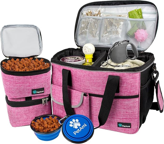 PetAmi Dog Travel Bag Organizer, Pet Travel Kit with 2 Food Containers & 2 Collapsible Dog Bowls, Pet Supplies Tote with Luggage Sleeve, Weekend Road Trip Camping Essentials, Pink, Medium