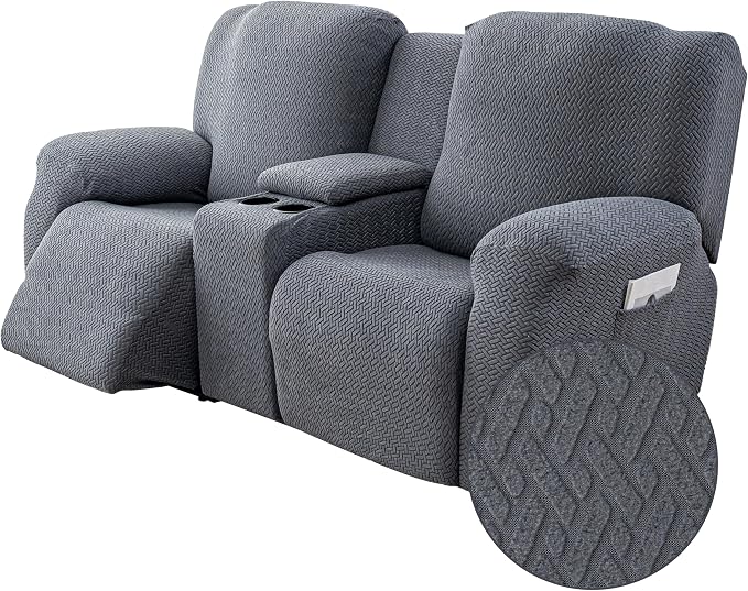 Genina Recliner Loveseat Covers with Console, Stretch Reclining Sofa Covers, 2 Seater Couch Cushion Stripe Jacquard Recliner Slipcovers - Furniture Protector Covers for Pet Kid (Dark Gray)