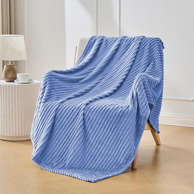 Bnuitland Fleece Throw Blanket for Couch, 300GSM Soft Warm Cozy Fluffy Throw for Adults & Kids, Stripe Pattern, All Season Sofa Bed Blanket for Home Decor, Sky Blue 50"x60"