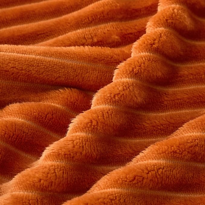 Bnuitland Burnt Orange Fleece Throw Blanket for Couch, 300GSM Soft Warm Cozy Fluffy Throw for Adults & Kids, Stripe Pattern 60"x80", All Season Sofa Bed Blanket for Home Decor