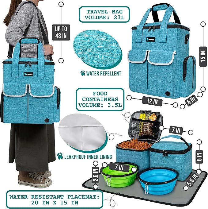 PetAmi Dog Travel Bag Pet Supplies Accessories Organizer for Traveling, Camping, Weekend; Cat Pet Travel Bag Kit Includes 2 Food Storage Containers, 2 Collapsible Bowls, 1 Feeding Mat (Teal Blue)