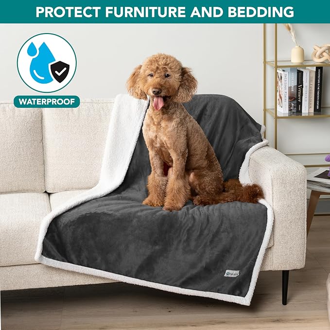 PetAmi Waterproof Dog Blanket for Couch, Large 60x40, Pee Proof Sherpa Fleece Reversible Pet Throw, Furniture Protector for Bed Sofa Kennel, Soft Washable Cover for Medium Dogs Cats, Grey