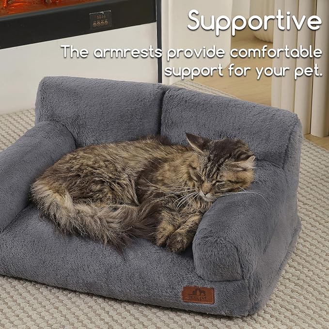 Hollypet Fluffy Dog Cat Bed Pet Couch Beds Plush Soft Warming Machine Washable Puppy Bed with Non-Slip Bottom for Cats and Small Medium Dogs up to 25 lbs, Gray, 24" L x 18" W x 10" Th