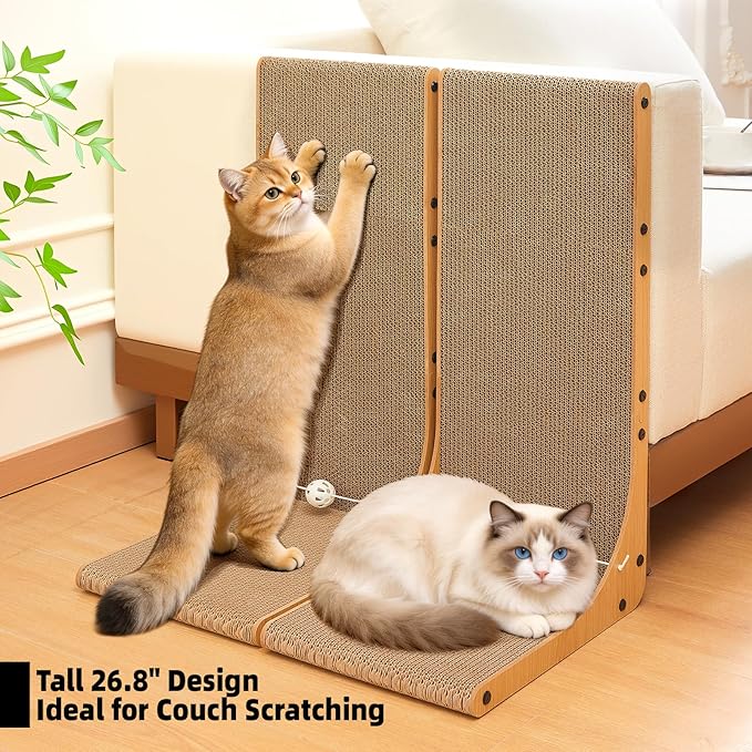 26.8 Inch Cat Scratching Post, Premium High Density Cardboard Cat Scratcher, Reinforced Durable Scratching Pad with Catnip Toy Ball for Indoor Cats